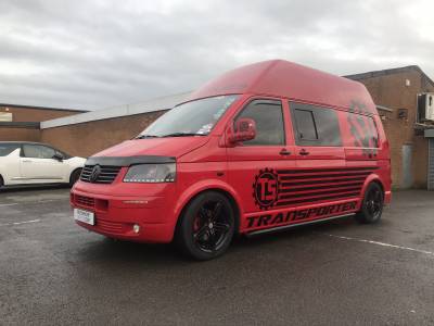 VW T5 Transporter LWB Hi-Top / High Top - "Big Red". Black and red leather interior - great for dubaholics